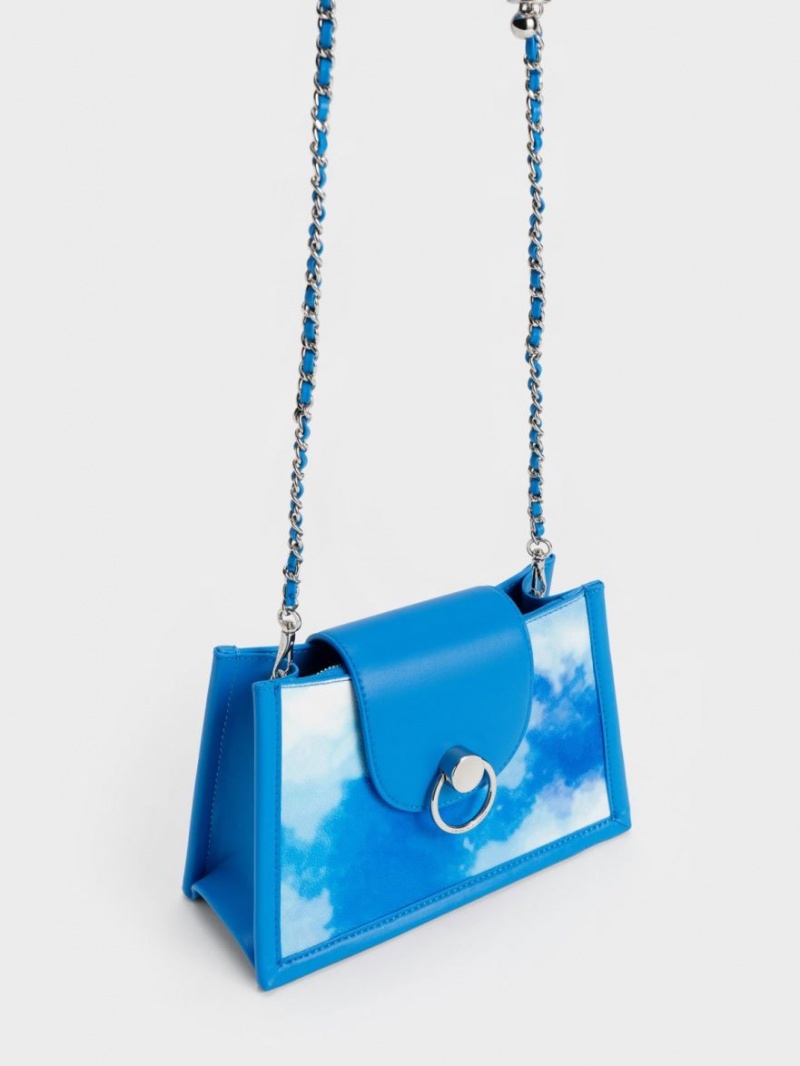 Geanta Crossbody Charles & Keith Mini Roza Beaded Handle Scarf Cloud-Print Albastri | 792XRSQGH