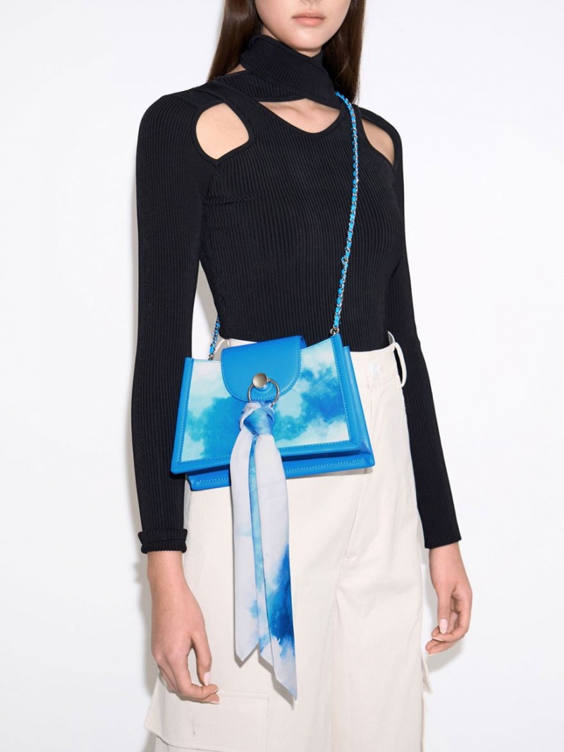 Geanta Crossbody Charles & Keith Mini Roza Beaded Handle Scarf Cloud-Print Albastri | 792XRSQGH