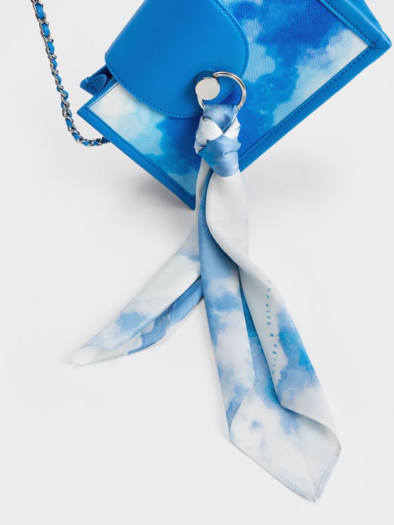 Geanta Crossbody Charles & Keith Mini Roza Beaded Handle Scarf Cloud-Print Albastri | 792XRSQGH