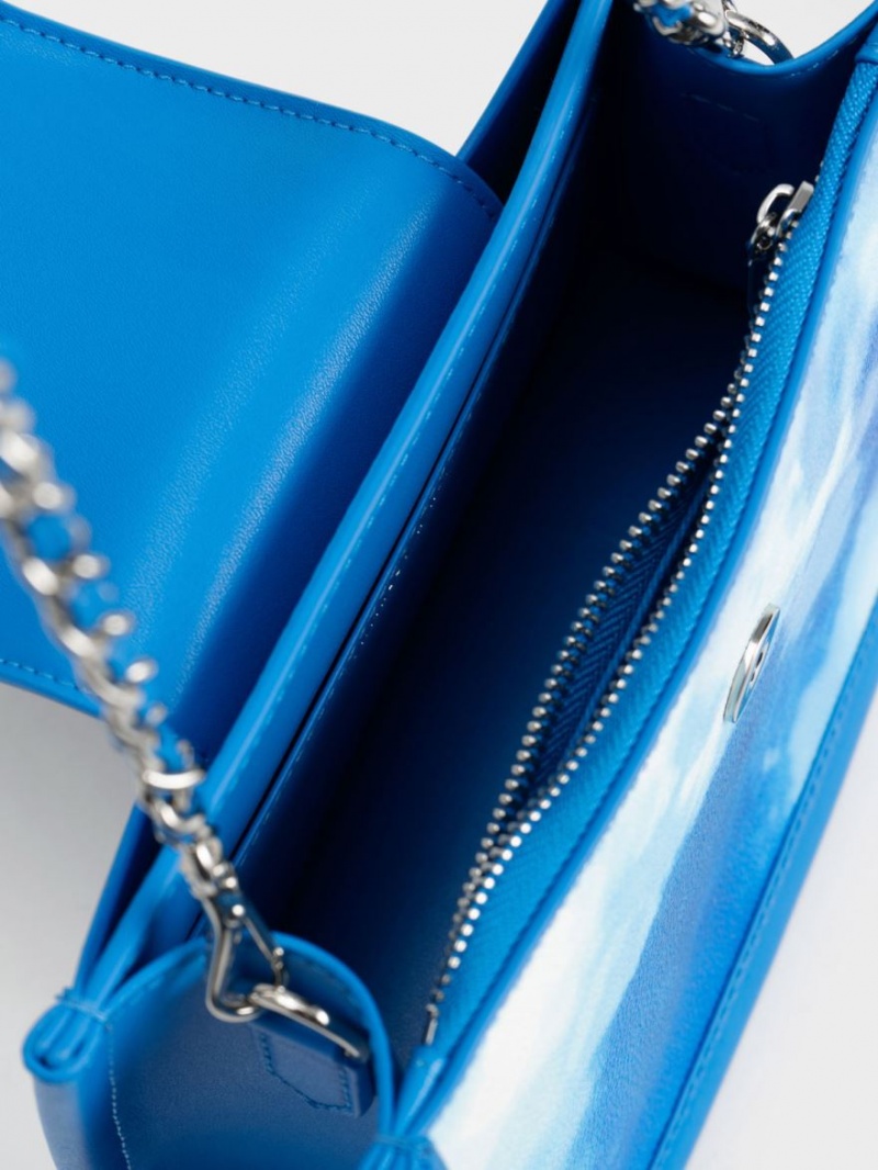 Geanta Crossbody Charles & Keith Mini Roza Beaded Handle Scarf Cloud-Print Albastri | 792XRSQGH