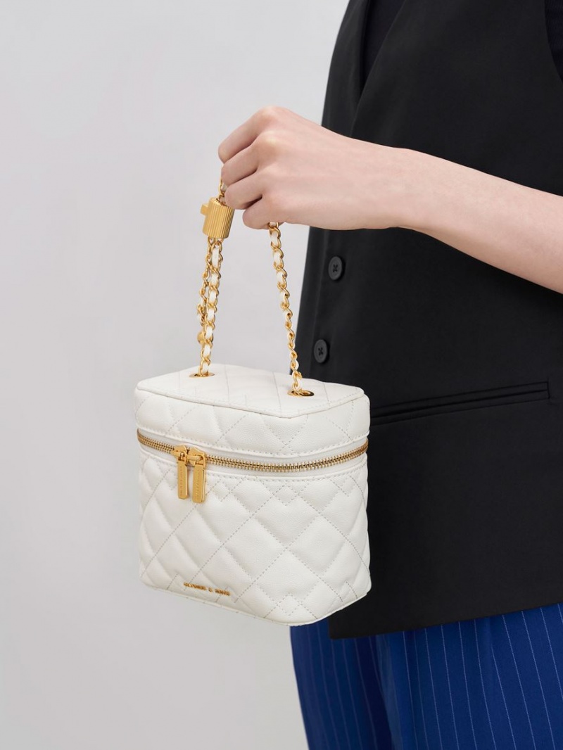 Geanta Crossbody Charles & Keith Nezu Matlasat Boxy Albi | 641ASOETK