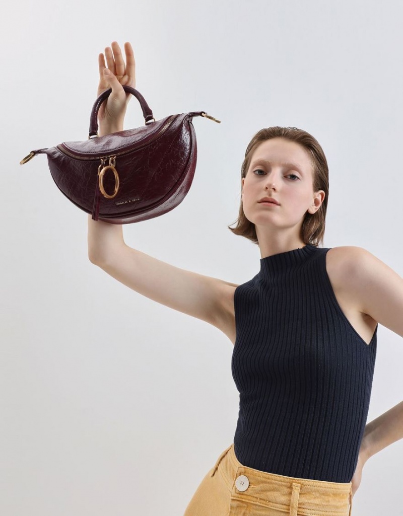 Geanta Crossbody Charles & Keith Philomena Wrinkled Effect Semi-Circle Visinii | 317EZSLIG