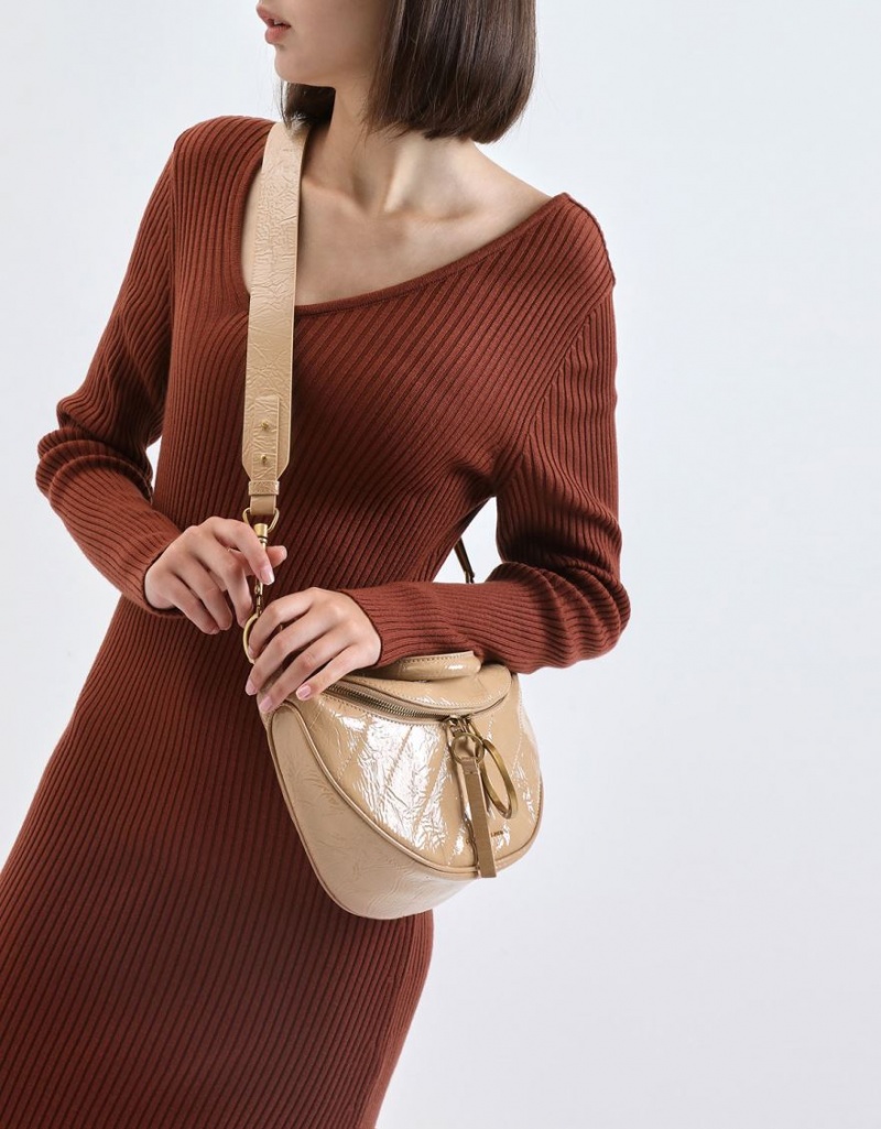 Geanta Crossbody Charles & Keith Philomena Wrinkled Lacuita Semi-Circle Bej | 763AOWSKZ