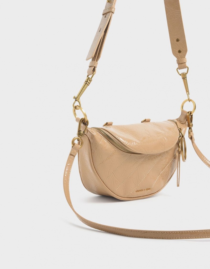Geanta Crossbody Charles & Keith Philomena Wrinkled Lacuita Semi-Circle Bej | 763AOWSKZ
