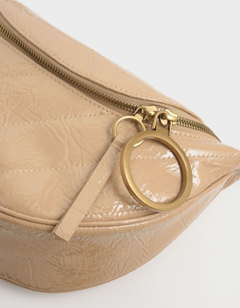 Geanta Crossbody Charles & Keith Philomena Wrinkled Lacuita Semi-Circle Bej | 763AOWSKZ
