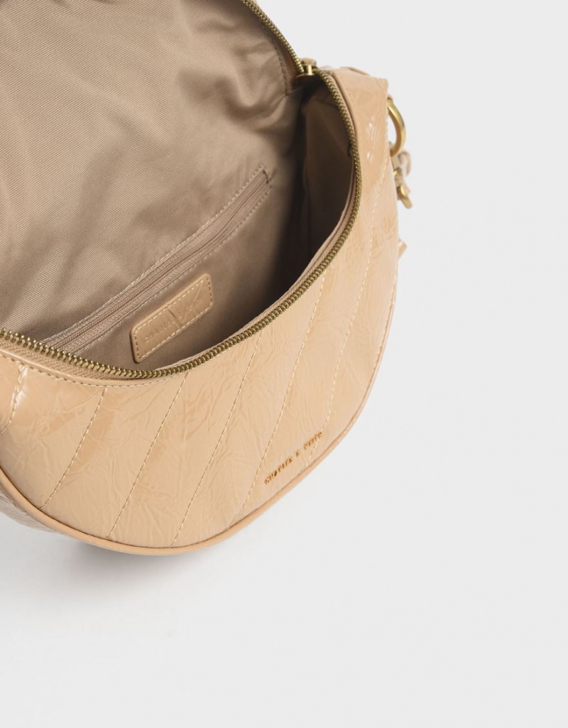 Geanta Crossbody Charles & Keith Philomena Wrinkled Lacuita Semi-Circle Bej | 763AOWSKZ