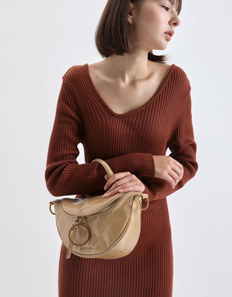 Geanta Crossbody Charles & Keith Philomena Wrinkled Lacuita Semi-Circle Bej | 763AOWSKZ