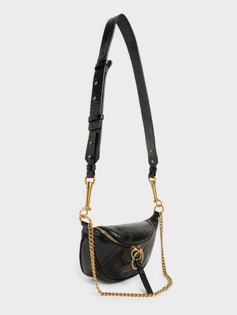 Geanta Crossbody Charles & Keith Philomena Wrinkled-Effect Half-Moon Negrii | 609AKUSBL