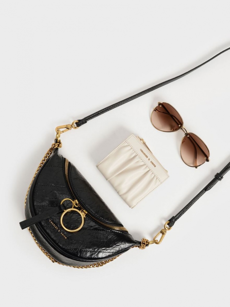 Geanta Crossbody Charles & Keith Philomena Wrinkled-Effect Half-Moon Negrii | 609AKUSBL