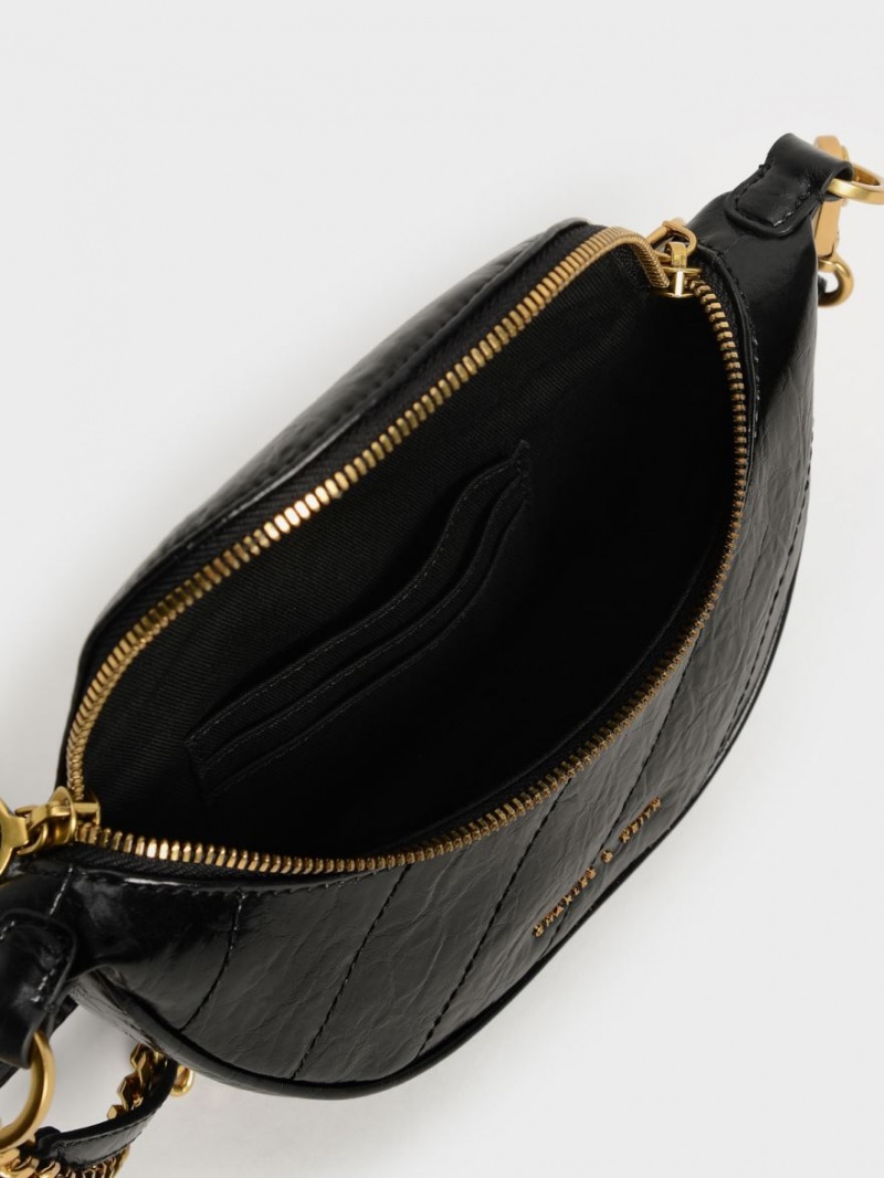 Geanta Crossbody Charles & Keith Philomena Wrinkled-Effect Half-Moon Negrii | 609AKUSBL