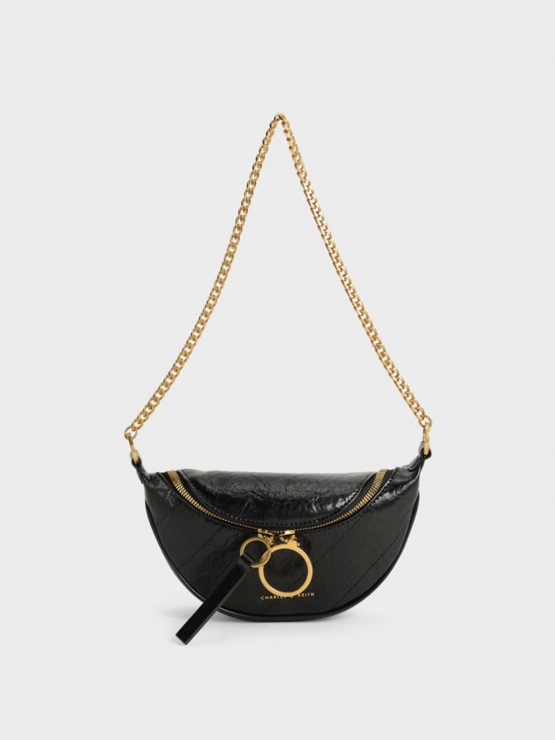 Geanta Crossbody Charles & Keith Philomena Wrinkled-Effect Half-Moon Negrii | 609AKUSBL
