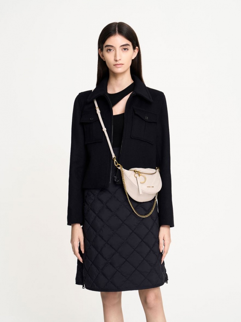 Geanta Crossbody Charles & Keith Philomena Wrinkled-Effect Half-Moon Albi | 864UKLBMV