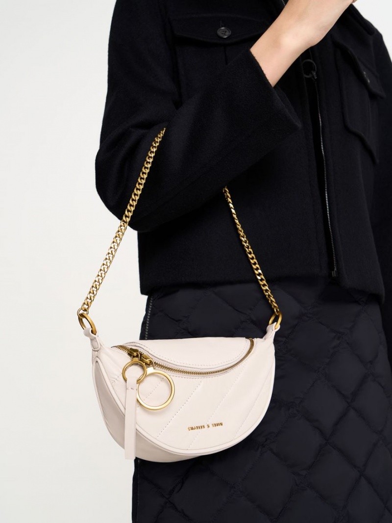 Geanta Crossbody Charles & Keith Philomena Wrinkled-Effect Half-Moon Albi | 864UKLBMV