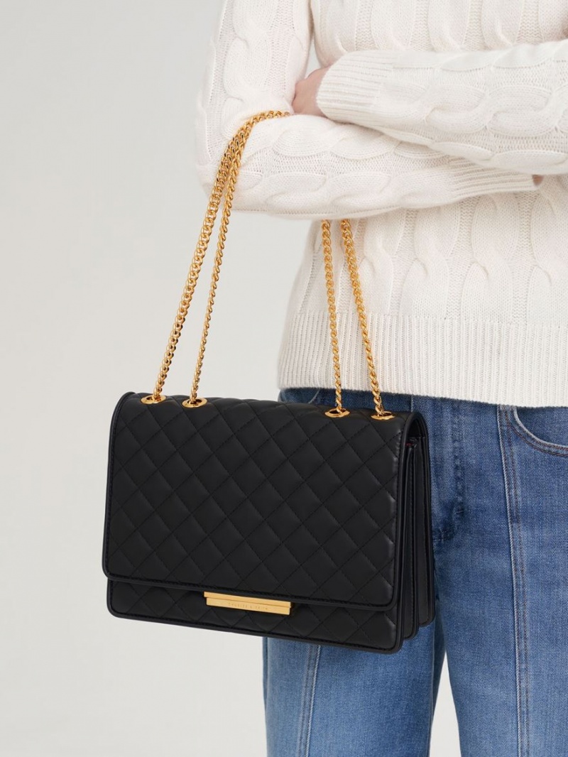 Geanta Crossbody Charles & Keith Push-Lock Matlasat Negrii | 490RLZQHV