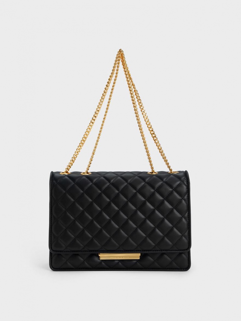 Geanta Crossbody Charles & Keith Push-Lock Matlasat Negrii | 490RLZQHV