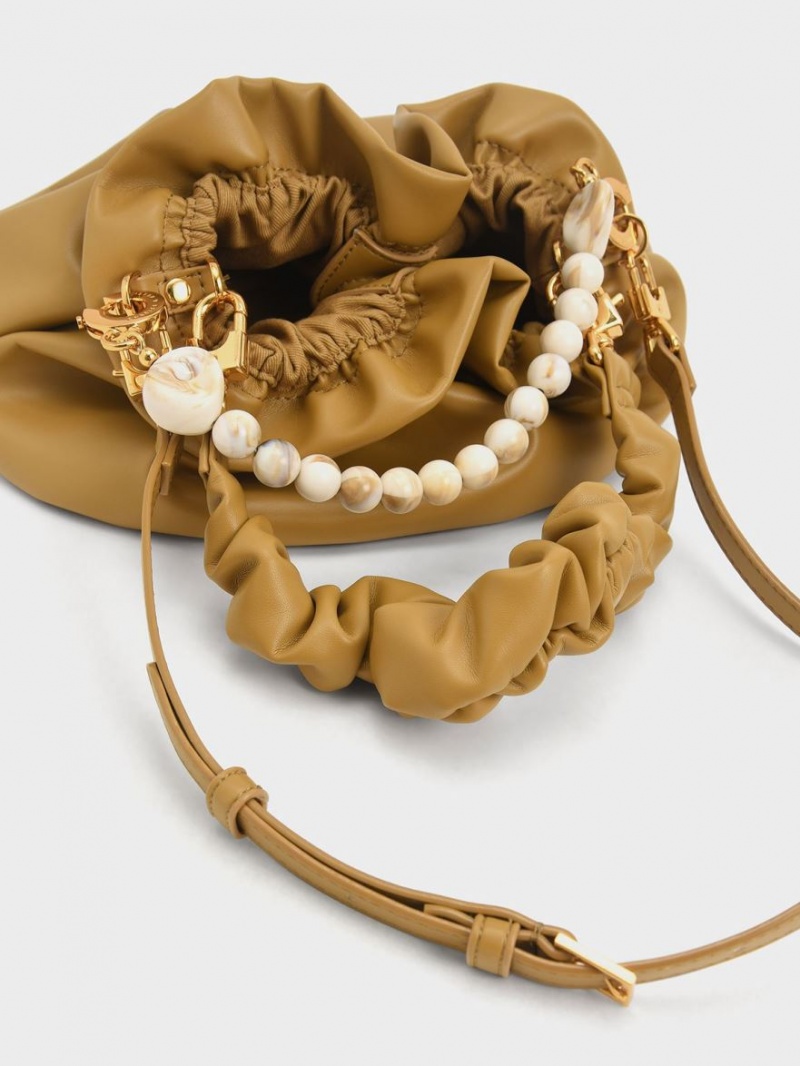 Geanta Crossbody Charles & Keith Ruched Bead-Embellished Muștar | 726XAWEKH