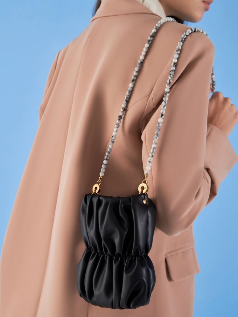 Geanta Crossbody Charles & Keith Ruched Bead-Handle Negrii | 507JRVXHA