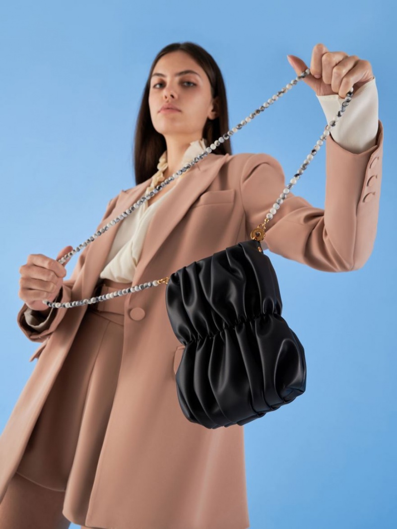 Geanta Crossbody Charles & Keith Ruched Bead-Handle Negrii | 507JRVXHA
