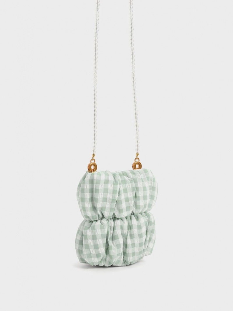 Geanta Crossbody Charles & Keith Ruched Bead-Handle Check-Print Verzi | 970GWRDAZ