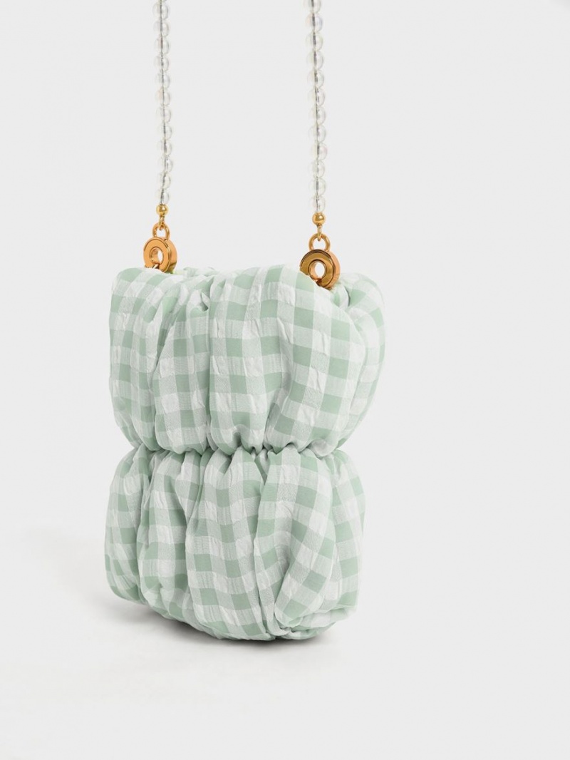Geanta Crossbody Charles & Keith Ruched Bead-Handle Check-Print Verzi | 970GWRDAZ