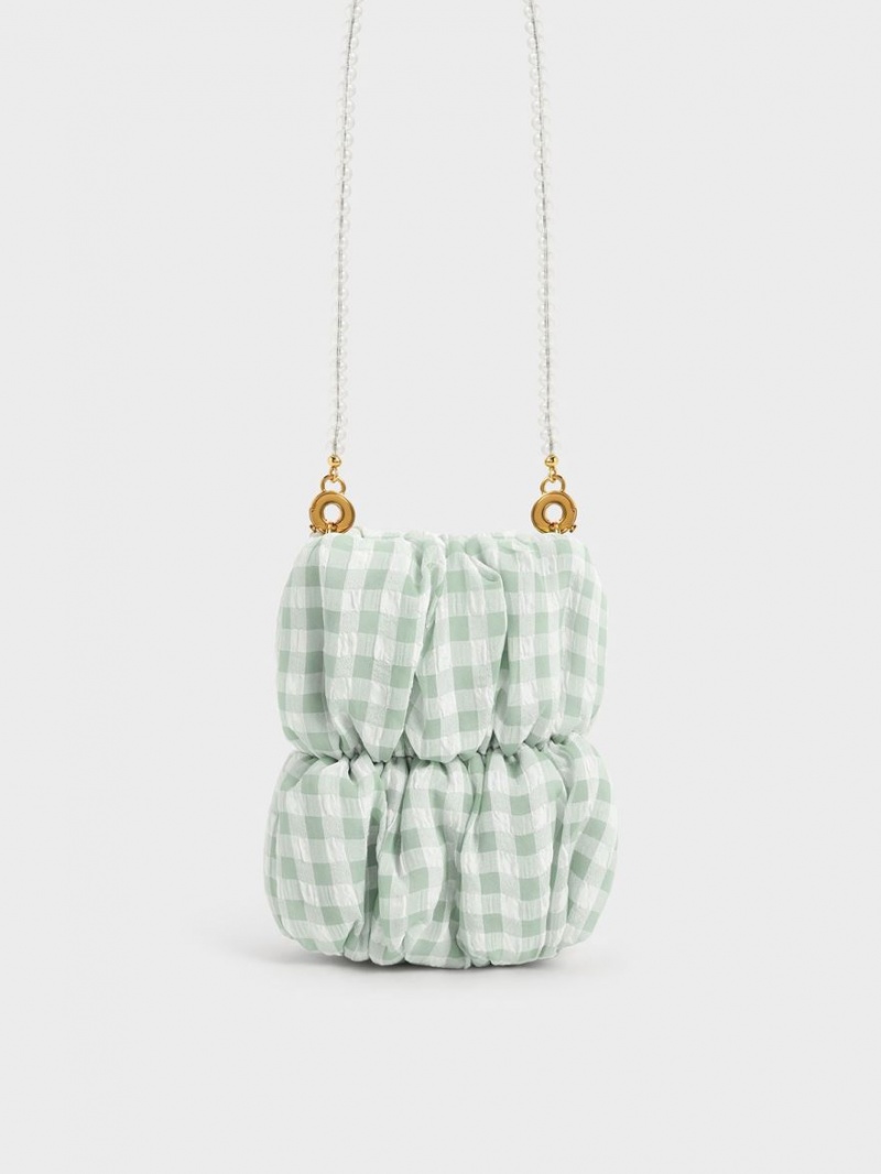 Geanta Crossbody Charles & Keith Ruched Bead-Handle Check-Print Verzi | 970GWRDAZ