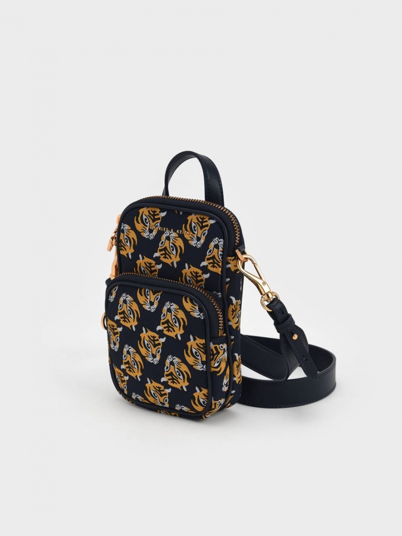 Geanta Crossbody Charles & Keith Tiger Print Jacquard Long Bleumarin | 538GKLOBJ