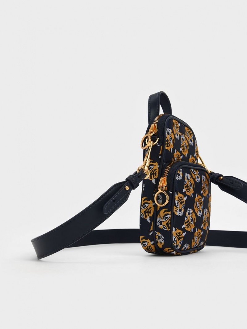 Geanta Crossbody Charles & Keith Tiger Print Jacquard Long Bleumarin | 538GKLOBJ