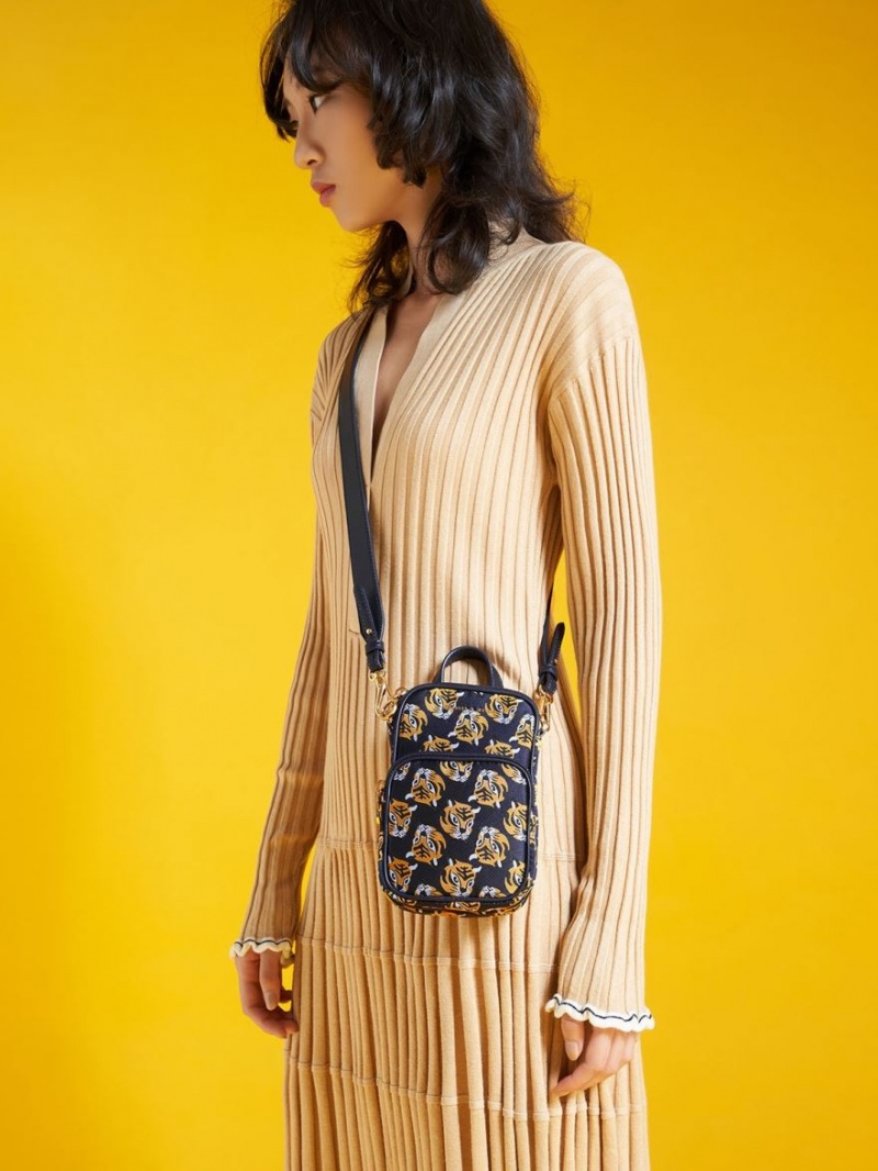 Geanta Crossbody Charles & Keith Tiger Print Jacquard Long Bleumarin | 538GKLOBJ