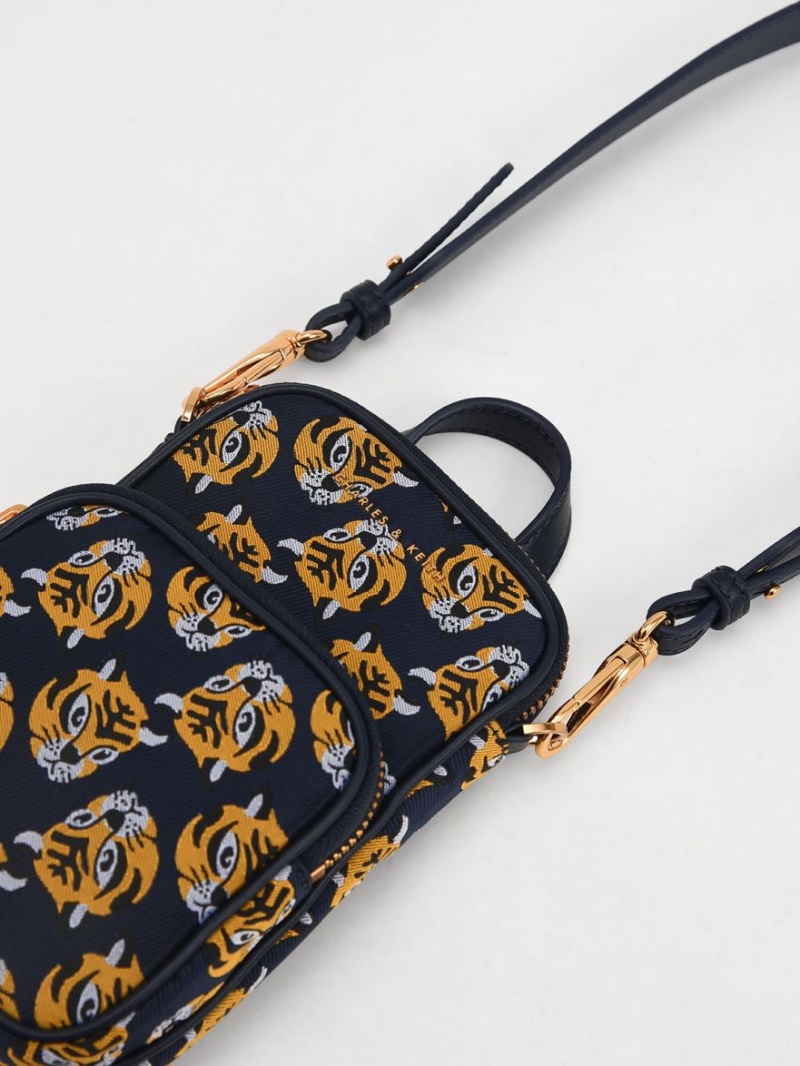 Geanta Crossbody Charles & Keith Tiger Print Jacquard Long Bleumarin | 538GKLOBJ