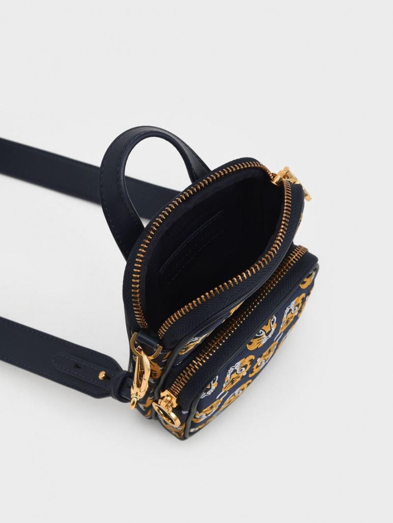 Geanta Crossbody Charles & Keith Tiger Print Jacquard Long Bleumarin | 538GKLOBJ