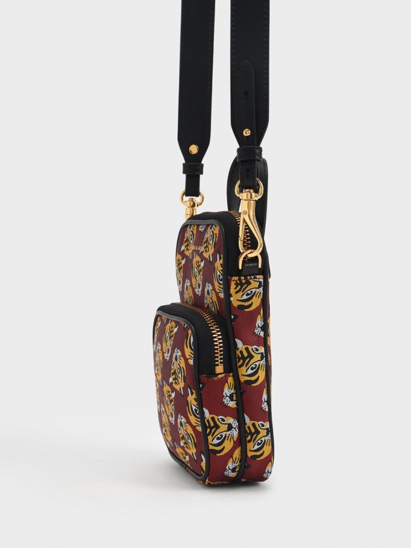 Geanta Crossbody Charles & Keith Tiger Print Jacquard Long Rosii | 916OLDCAP