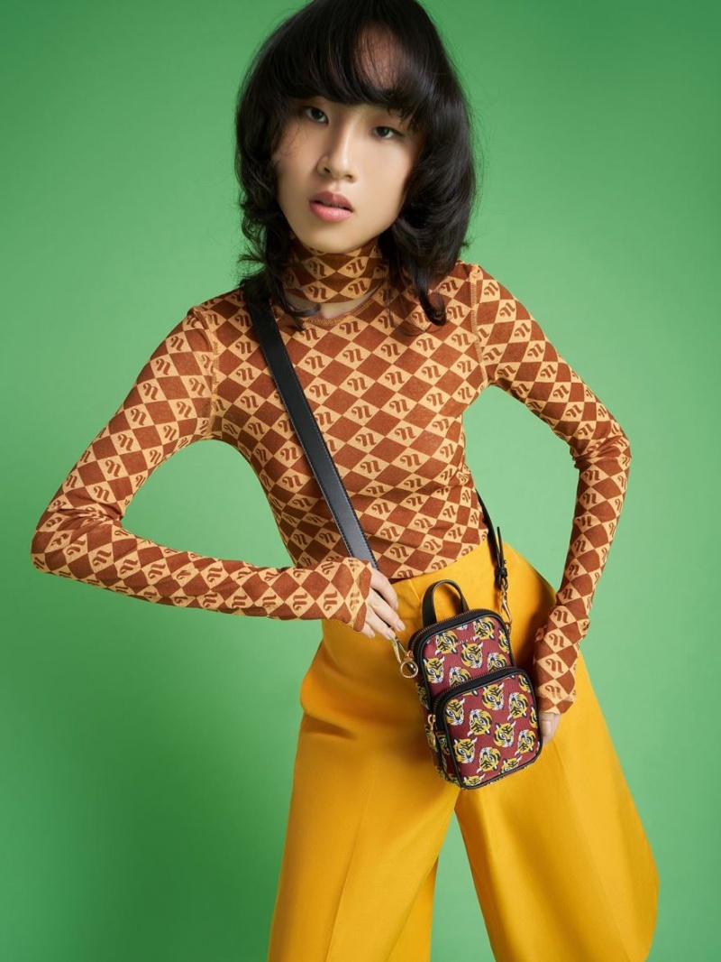 Geanta Crossbody Charles & Keith Tiger Print Jacquard Long Rosii | 916OLDCAP