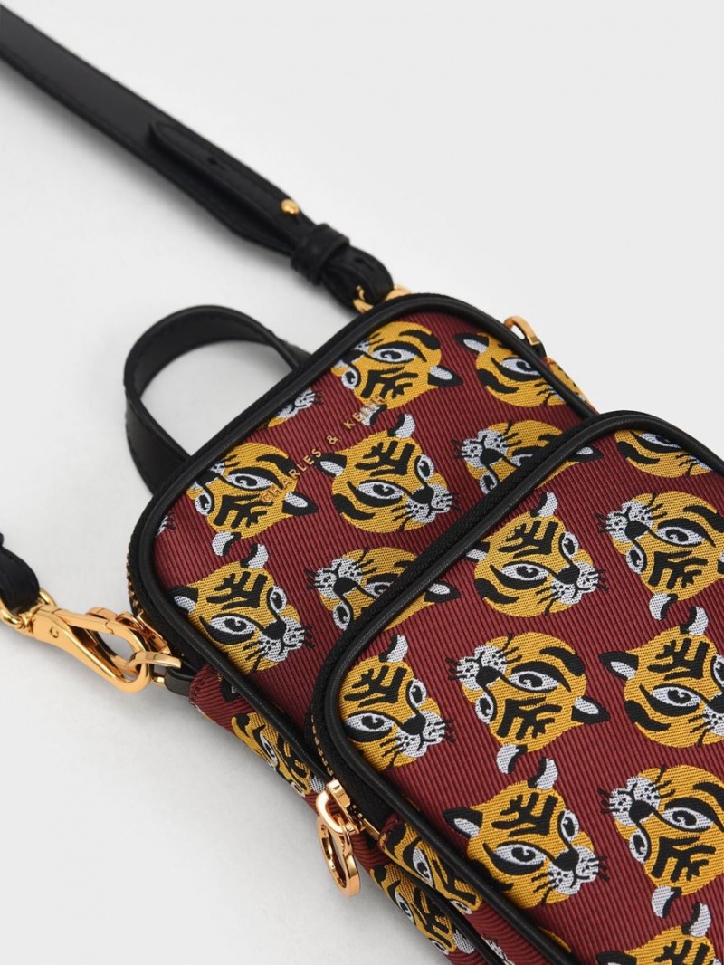 Geanta Crossbody Charles & Keith Tiger Print Jacquard Long Rosii | 916OLDCAP