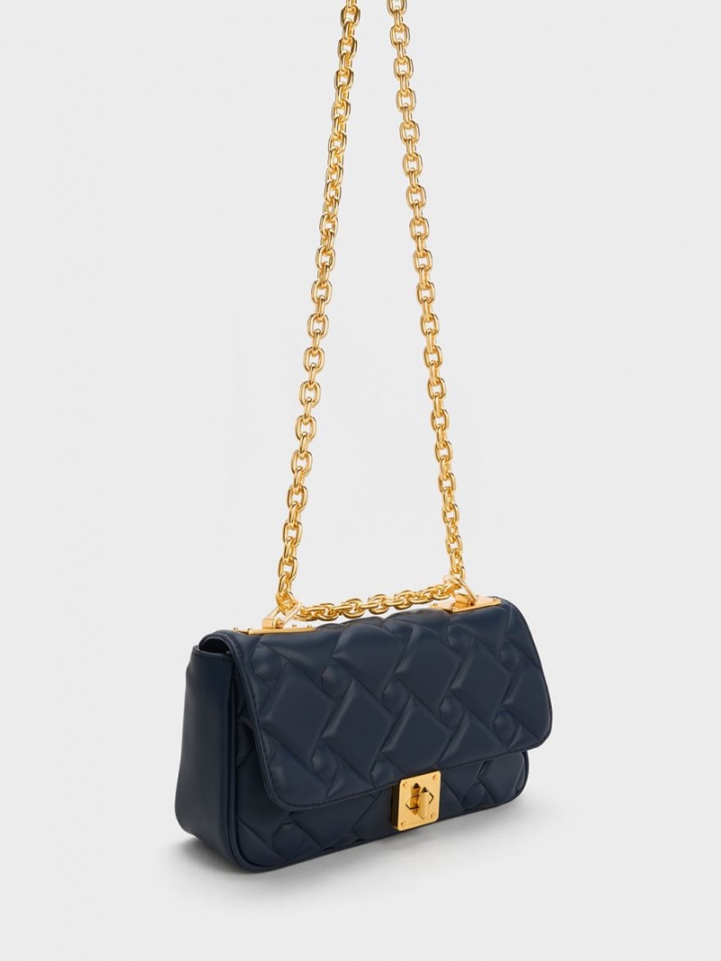 Geanta Crossbody Charles & Keith Tillie Matlasat Chain Bleumarin | 390FIGBJD