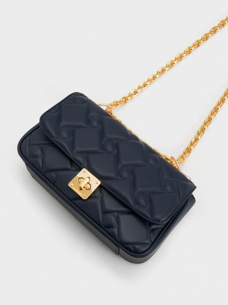 Geanta Crossbody Charles & Keith Tillie Matlasat Chain Bleumarin | 390FIGBJD
