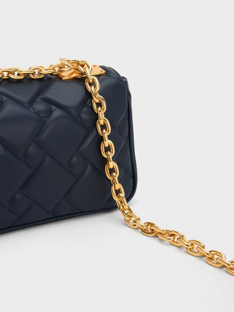 Geanta Crossbody Charles & Keith Tillie Matlasat Chain Bleumarin | 390FIGBJD