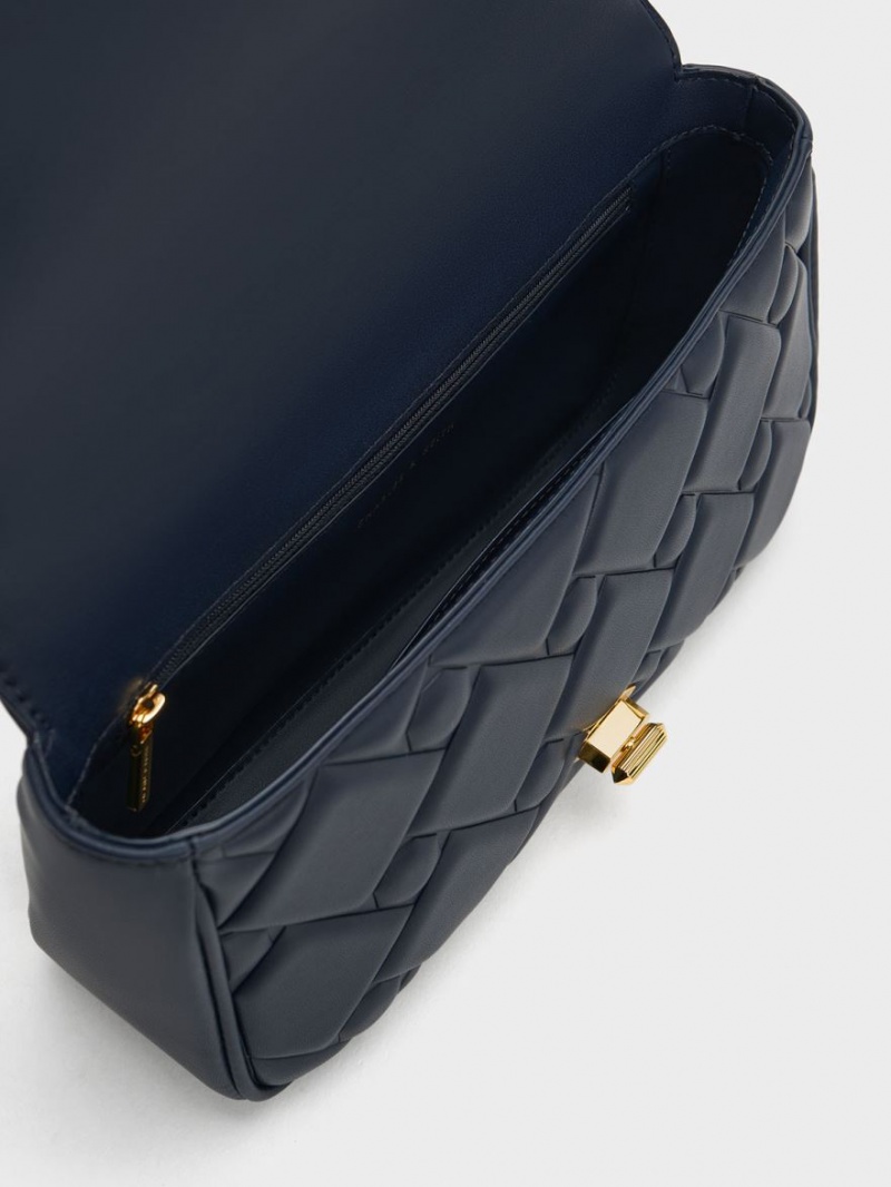 Geanta Crossbody Charles & Keith Tillie Matlasat Chain Bleumarin | 390FIGBJD