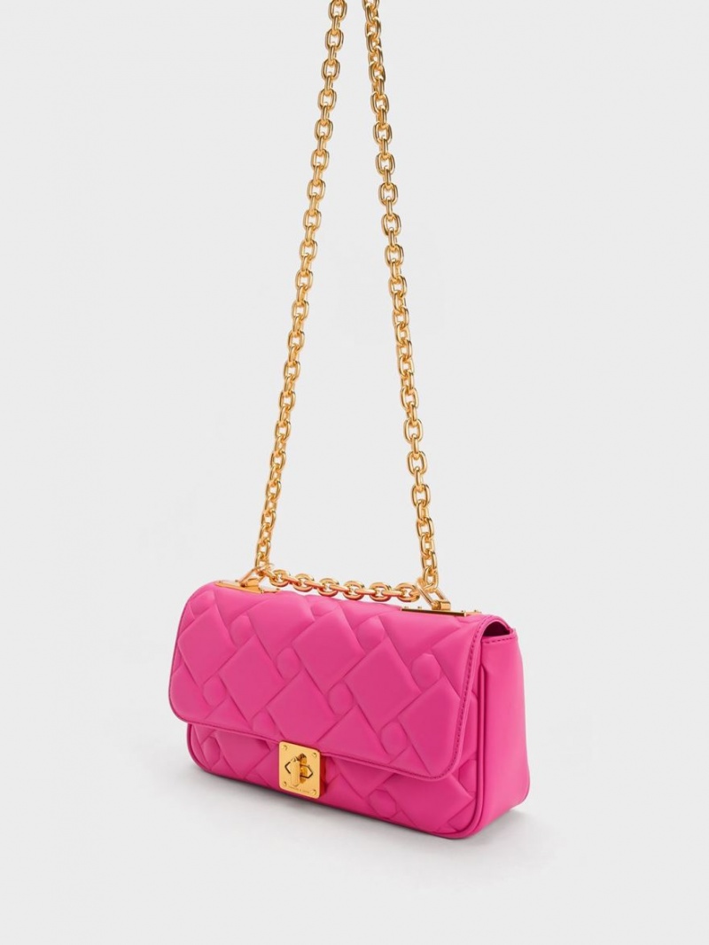 Geanta Crossbody Charles & Keith Tillie Matlasat Chain Fucsie | 609ZEHFIC