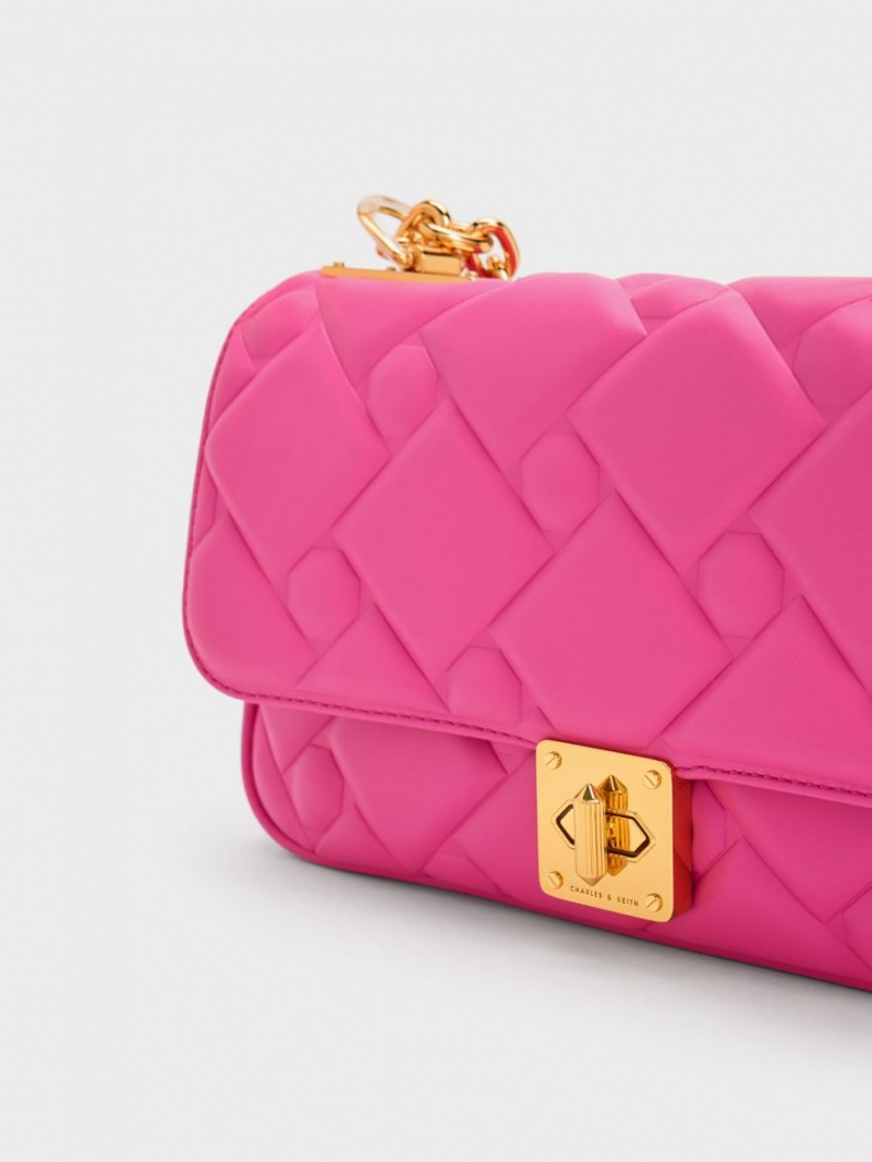 Geanta Crossbody Charles & Keith Tillie Matlasat Chain Fucsie | 609ZEHFIC