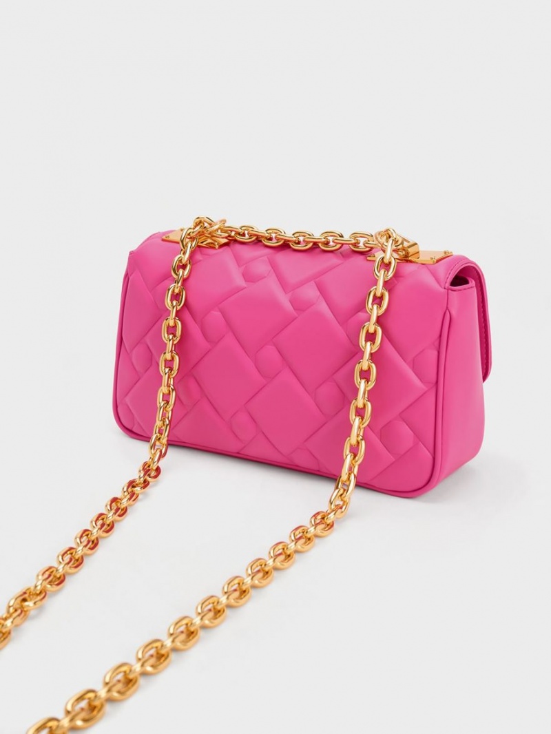 Geanta Crossbody Charles & Keith Tillie Matlasat Chain Fucsie | 609ZEHFIC