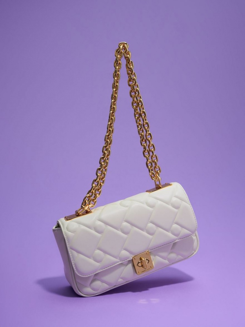 Geanta Crossbody Charles & Keith Tillie Matlasat Chain Albi | 471XGBQEZ