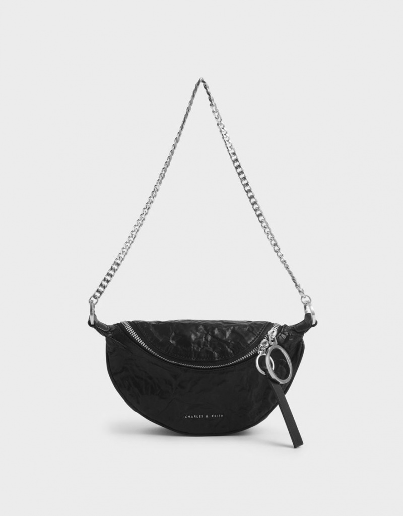 Geanta Crossbody Charles & Keith Wrinkled Effect Ring Zip Tassel Negrii | 043RJGXUO