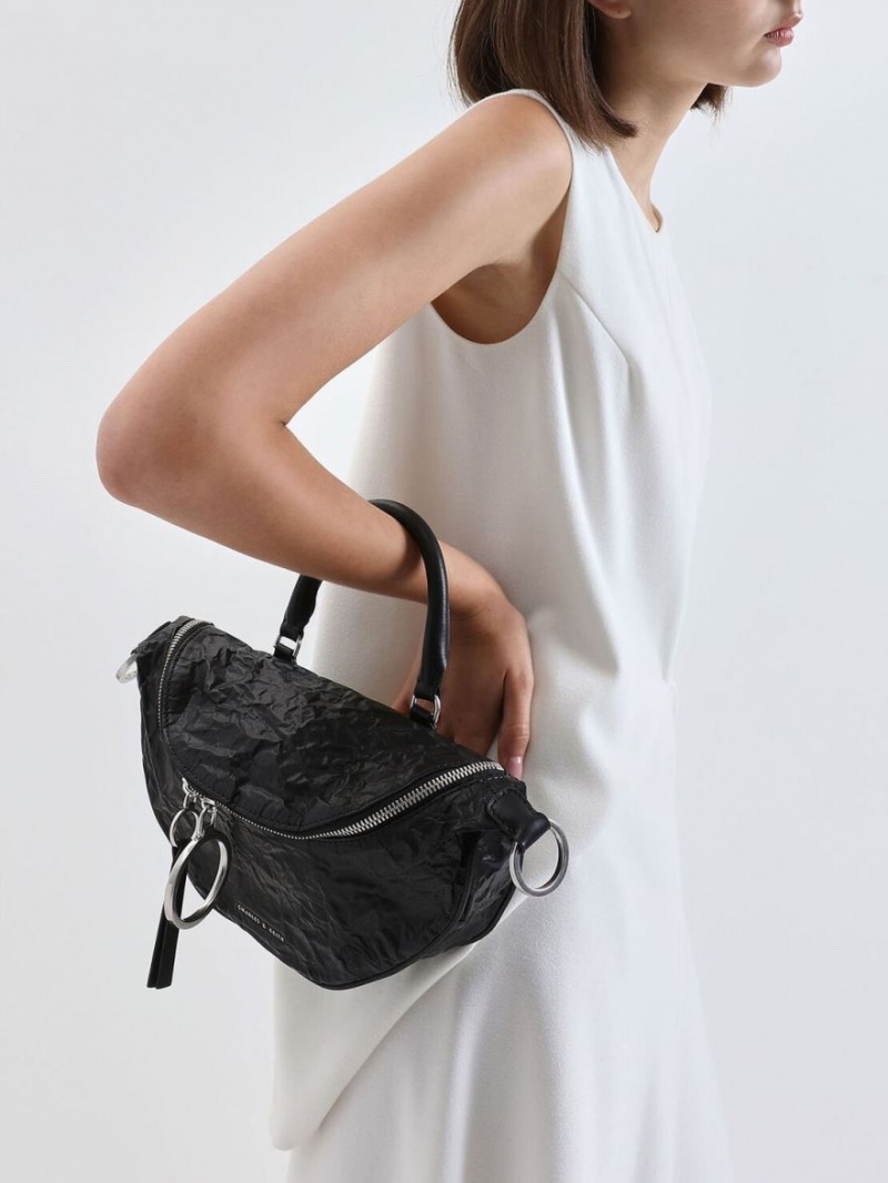 Geanta Crossbody Charles & Keith Wrinkled Effect Semi-Circle Negrii | 471JSTMFN