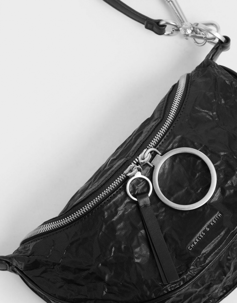 Geanta Crossbody Charles & Keith Wrinkled Effect Semi-Circle Negrii | 471JSTMFN