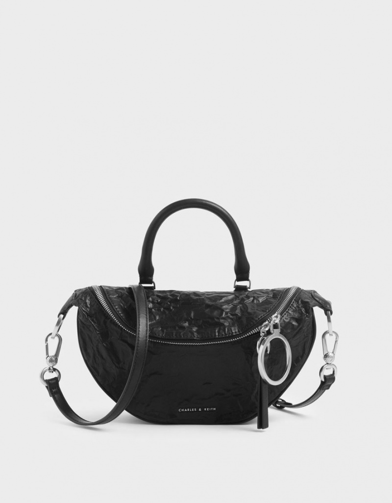 Geanta Crossbody Charles & Keith Wrinkled Effect Semi-Circle Negrii | 471JSTMFN