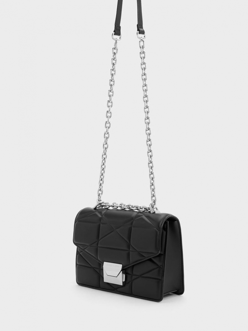 Geanta De Mana Charles & Keith Blanche Chevron Chain Negrii | 257CVLEDF
