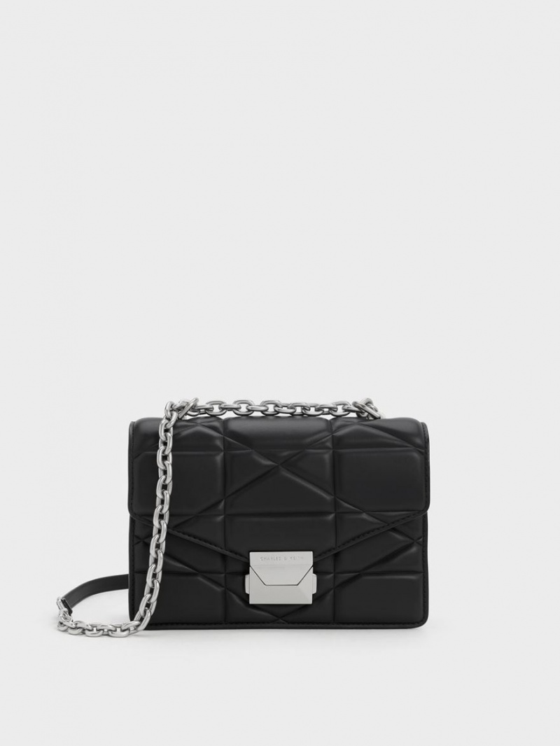 Geanta De Mana Charles & Keith Blanche Chevron Chain Negrii | 257CVLEDF