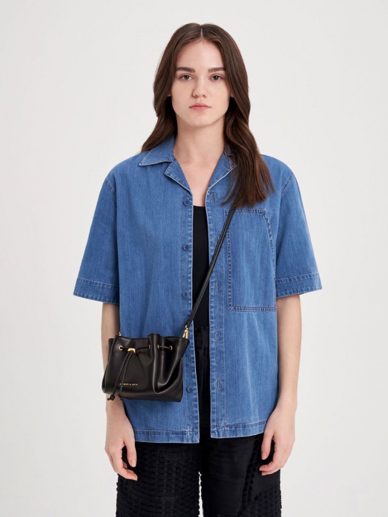 Geanta De Mana Charles & Keith Boaz Drawstring Top Negrii | 069UFTGBE