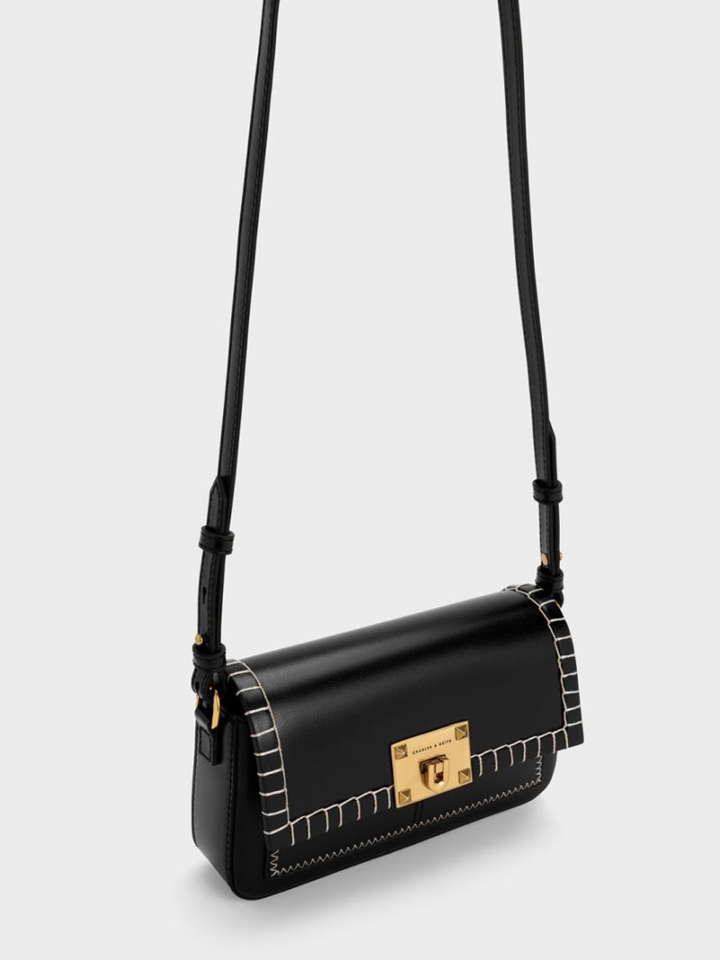 Geanta De Mana Charles & Keith Circe Stitch-Trim Top Negrii | 361PYBIKQ