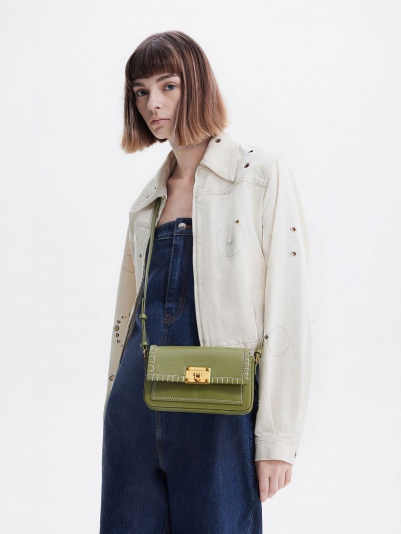 Geanta De Mana Charles & Keith Circe Stitch-Trim Top Masline Verzi | 684VTUCPL
